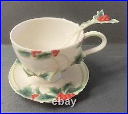 Franz Porcelain Holly & Berries Christmas Cup, Saucer, Spoon In Mint Condition