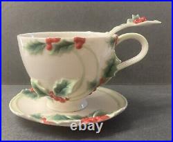 Franz Porcelain Holly & Berries Christmas Cup, Saucer, Spoon In Mint Condition