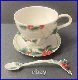 Franz Porcelain Holly & Berries Christmas Cup, Saucer, Spoon In Mint Condition