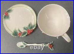 Franz Porcelain Holly & Berries Christmas Cup, Saucer, Spoon In Mint Condition