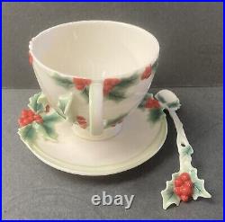 Franz Porcelain Holly & Berries Christmas Cup, Saucer, Spoon In Mint Condition