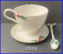 Franz Porcelain Holly & Berries Christmas Cup, Saucer, Spoon In Mint Condition