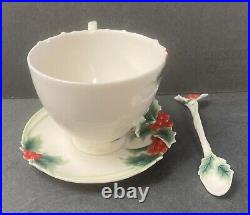Franz Porcelain Holly & Berries Christmas Cup, Saucer, Spoon In Mint Condition