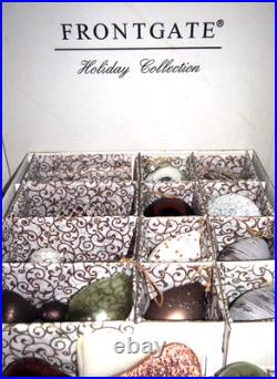 Frontgate 16-Piece Snowy Woodland Blown-Glass Ornament Set-Brown, Green & Silver