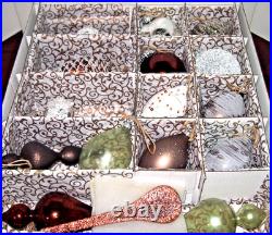 Frontgate 16-Piece Snowy Woodland Blown-Glass Ornament Set-Brown, Green & Silver