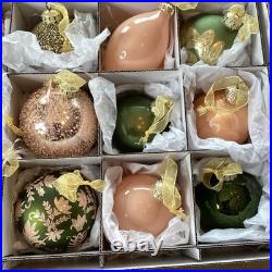Frontgate Collection Peach Gold Green Large Christmas Ornaments Set Of 25 Boxed