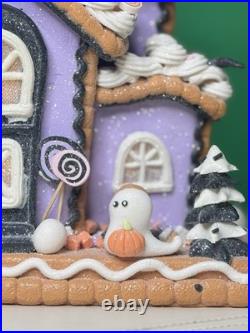 Ghoulish 12 Purple Haunted Gingerbread House LED Light-Up with Ghosts & Pumpkins