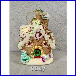Gingerbread House Christmas Ornament Blown Glass Glitter Gold White 5 Inch