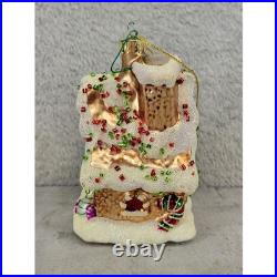 Gingerbread House Christmas Ornament Blown Glass Glitter Gold White 5 Inch