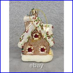 Gingerbread House Christmas Ornament Blown Glass Glitter Gold White 5 Inch