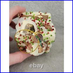 Gingerbread House Christmas Ornament Blown Glass Glitter Gold White 5 Inch