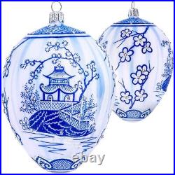 Glitterazzi Chinoserie White and Blue Jeweled Egg Polish Glass Ornament