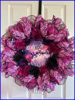 Glittery Halloween Hey Bootiful Ghost Lighted Wreath, Whimsical Purple & Pink M