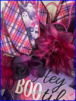 Glittery Halloween Hey Bootiful Ghost Lighted Wreath, Whimsical Purple & Pink M