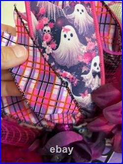 Glittery Halloween Hey Bootiful Ghost Lighted Wreath, Whimsical Purple & Pink M