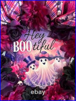 Glittery Halloween Hey Bootiful Ghost Lighted Wreath, Whimsical Purple & Pink M