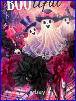 Glittery Halloween Hey Bootiful Ghost Lighted Wreath, Whimsical Purple & Pink M