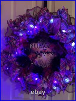 Glittery Halloween Hey Bootiful Ghost Lighted Wreath, Whimsical Purple & Pink M