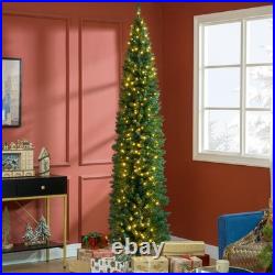 HOMCOM 8' Tall Pre-Lit Slim Noble Fir Artificial Christmas Tree with 300 Warm