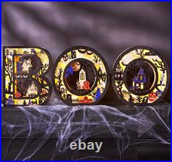 Halloween BOO Lighted Wooden Tabletop Decor Sign, Black Haunted House Scenes
