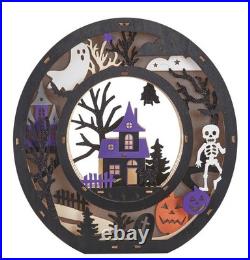 Halloween BOO Lighted Wooden Tabletop Decor Sign, Black Haunted House Scenes