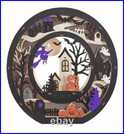 Halloween BOO Lighted Wooden Tabletop Decor Sign, Black Haunted House Scenes