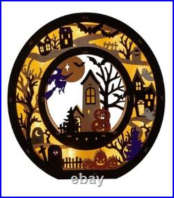 Halloween BOO Lighted Wooden Tabletop Decor Sign, Black Haunted House Scenes