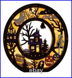 Halloween BOO Lighted Wooden Tabletop Decor Sign, Black Haunted House Scenes