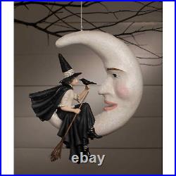 Halloween Bewitching Moon Witch Paper Mache Black Crow Broom Td1195