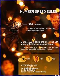 Halloween Decor Set 4ft, 5ft & 6ft Black Maple Trees 384 LED Lights 24 Sku