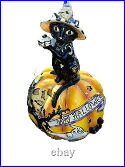 Halloween Display Tall Blue Sky Clayworks Black Cat Witch On Pumpkin Light up