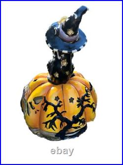 Halloween Display Tall Blue Sky Clayworks Black Cat Witch On Pumpkin Light up