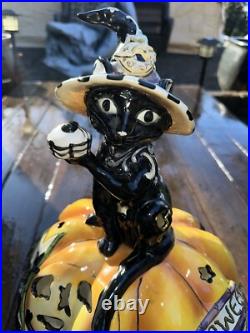 Halloween Display Tall Blue Sky Clayworks Black Cat Witch On Pumpkin Light up