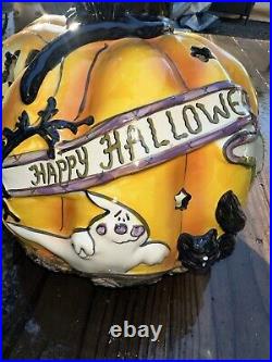Halloween Display Tall Blue Sky Clayworks Black Cat Witch On Pumpkin Light up