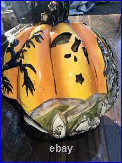 Halloween Display Tall Blue Sky Clayworks Black Cat Witch On Pumpkin Light up