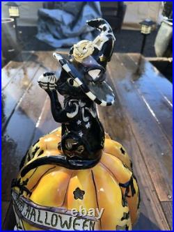 Halloween Display Tall Blue Sky Clayworks Black Cat Witch On Pumpkin Light up