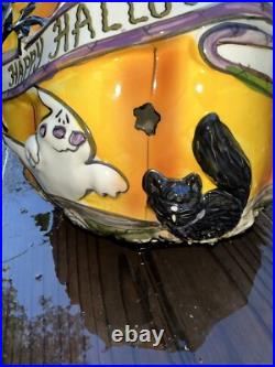 Halloween Display Tall Blue Sky Clayworks Black Cat Witch On Pumpkin Light up