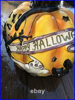 Halloween Display Tall Blue Sky Clayworks Black Cat Witch On Pumpkin Light up
