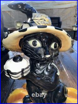 Halloween Display Tall Blue Sky Clayworks Black Cat Witch On Pumpkin Light up