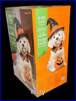 Halloween Dog Greeter Statue 26.5 Witch Hat Puppy with Pumpkin NEW