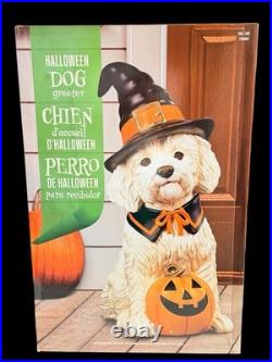 Halloween Dog Greeter Statue 26.5 Witch Hat Puppy with Pumpkin NEW