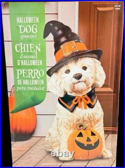 Halloween Dog Greeter Statue 26.5 Witch Hat Puppy with Pumpkin NEW