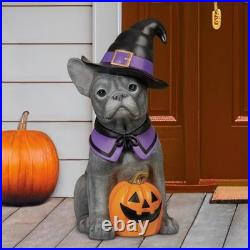 Halloween Dog Statue Figurine Greeter French Bulldog Witch Hat Pumpkin Porch