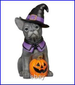 Halloween Dog Statue Figurine Greeter French Bulldog Witch Hat Pumpkin Porch