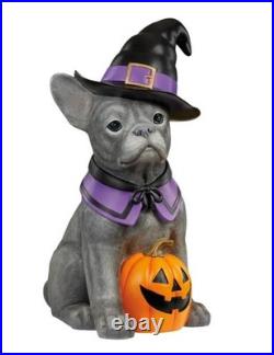 Halloween Dog Statue Figurine Greeter French Bulldog Witch Hat Pumpkin Porch