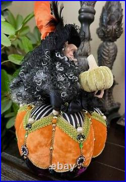 Halloween Pumpkin Witch Doll Beaded In Velvet Dress Table Decor 17
