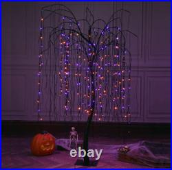 Halloween Tree Willow Black Pre Lit 7ft Stand Purple Orange LED Lights Cobwebs