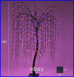 Halloween Tree Willow Black Pre Lit 7ft Stand Purple Orange LED Lights Cobwebs