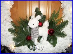 Hand Made Christmas Wreath 24 White Loop Yarn With Battery Operated Lights