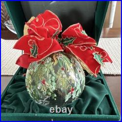 Hand Painted Clear Glass Holly Ball Christmas Bauble Red Bow 2003